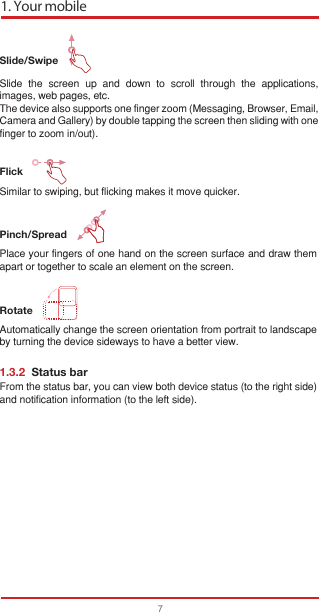 1. Your mobile7Slide/Swipe   FlickSimilar to swiping, but flicking makes it move quicker.Pinch/Spread   Rotate    1.3.2  Status barSlide the screen up and down to scroll through the applications, images, web pages, etc.The device also supports one finger zoom (Messaging, Browser, Email, Camera and Gallery) by double tapping the screen then sliding with one finger to zoom in/out).Place your fingers of one hand on the screen surface and draw them apart or together to scale an element on the screen.Automatically change the screen orientation from portrait to landscape by turning the device sideways to have a better view.From the status bar, you can view both device status (to the right side) and notification information (to the left side). 