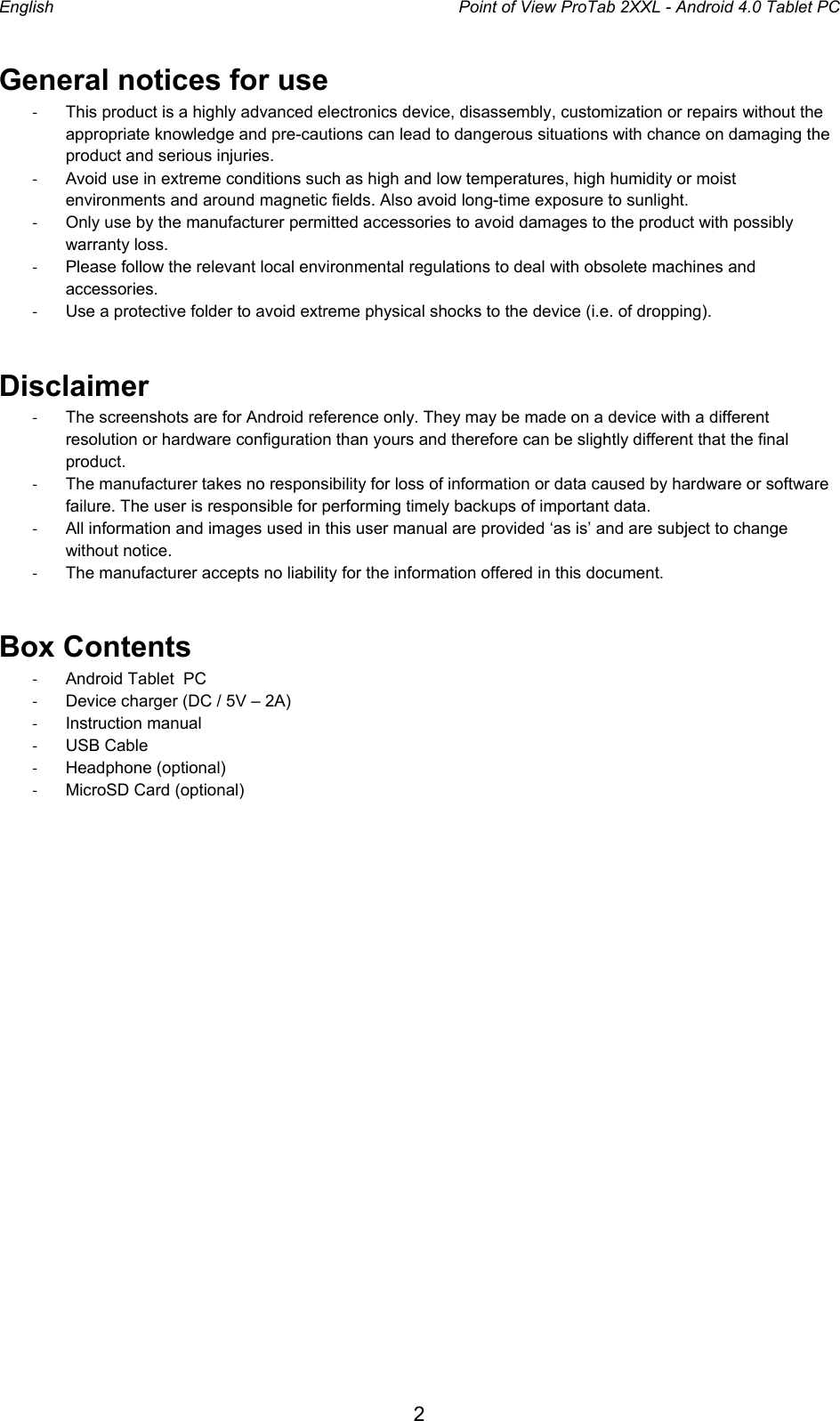 Page 2 of 12 - Point-Of-View Point-Of-View-Protab-2-Xxl-Android-4-0-Operating-Instructions-  Point-of-view-protab-2-xxl-android-4-0-operating-instructions
