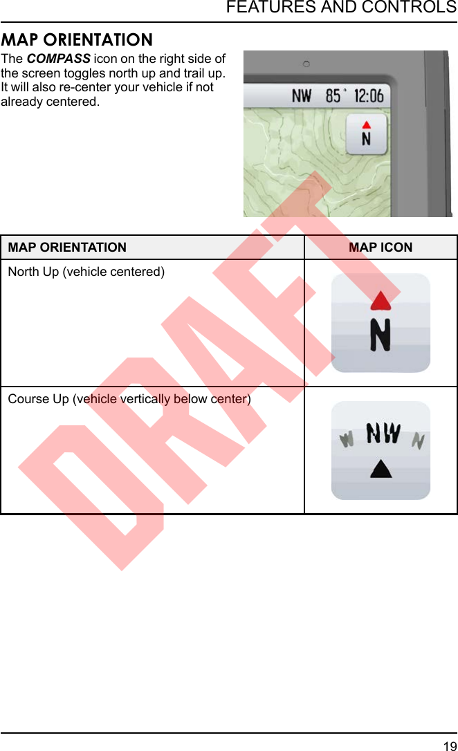 MAP ORIENTATIONThe COMPASS icon on the right side ofthe screen toggles north up and trail up.It will also re-center your vehicle if notalready centered.MAP ORIENTATION MAP ICONNorth Up (vehicle centered)Course Up (vehicle vertically below center)19FEATURES AND CONTROLSDRAFT