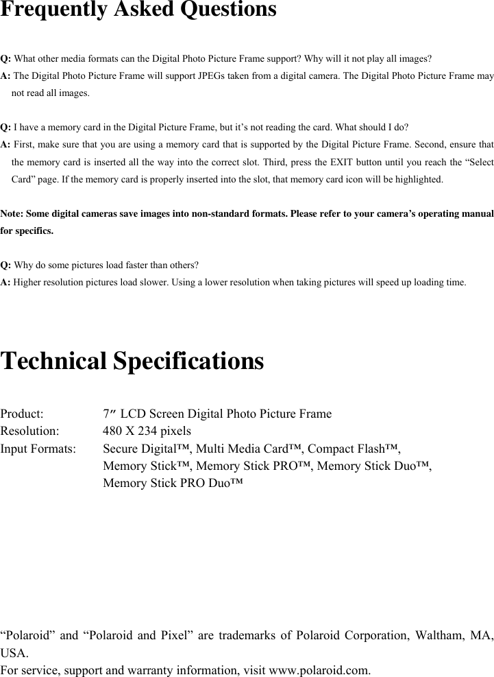 Page 10 of 10 - Polaroid Polaroid-Digital-Photo-Picture-Frame-Users-Manual 7 Inch Manual English 20070309