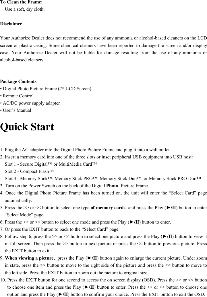 Page 4 of 10 - Polaroid Polaroid-Digital-Photo-Picture-Frame-Users-Manual 7 Inch Manual English 20070309