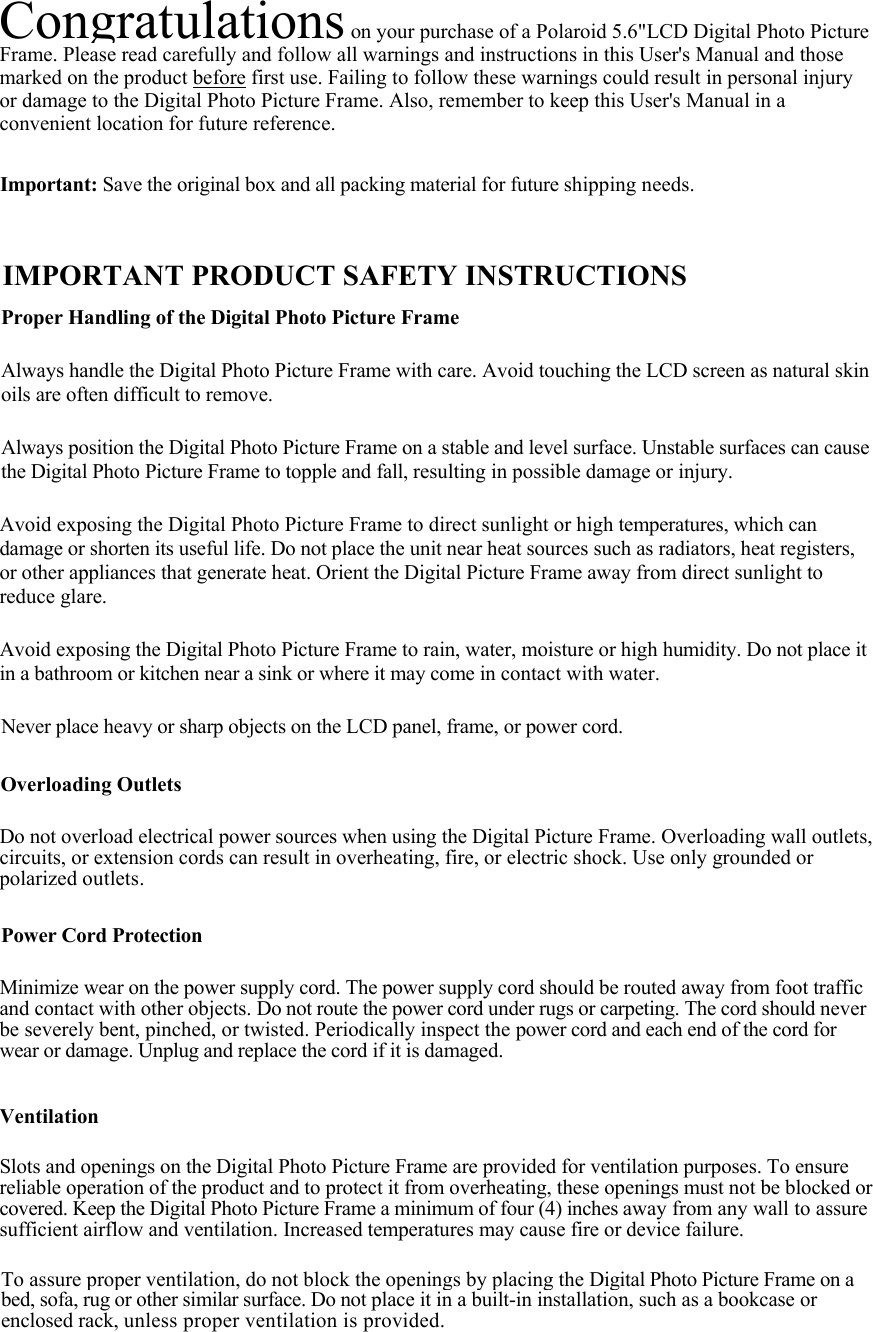 Page 2 of 8 - Polaroid Polaroid-Idf-0560-Users-Manual IDF-0560 Digital Picture Frame Manual 20060802