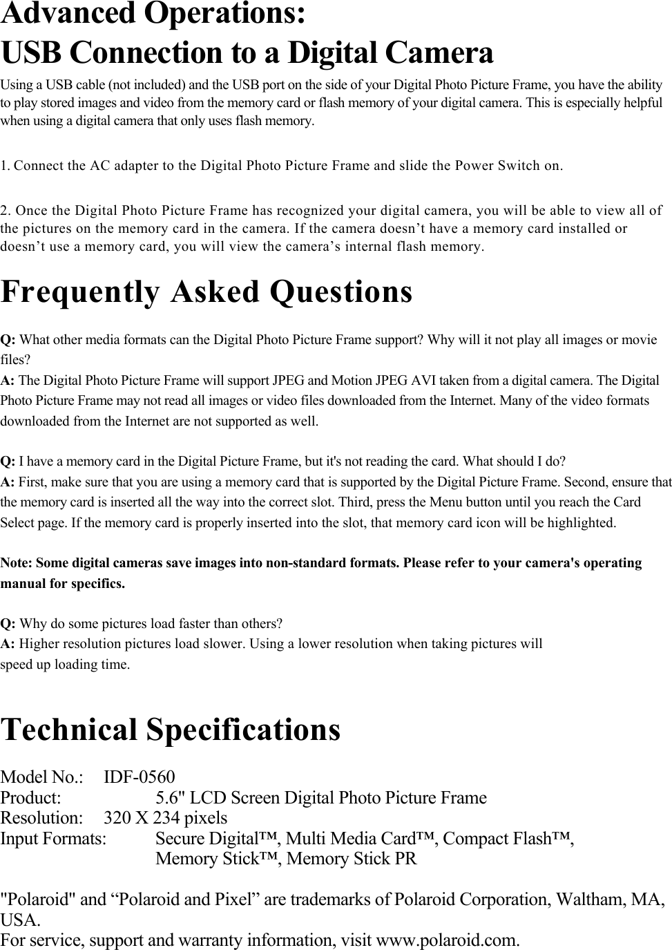Page 8 of 8 - Polaroid Polaroid-Idf-0560-Users-Manual IDF-0560 Digital Picture Frame Manual 20060802