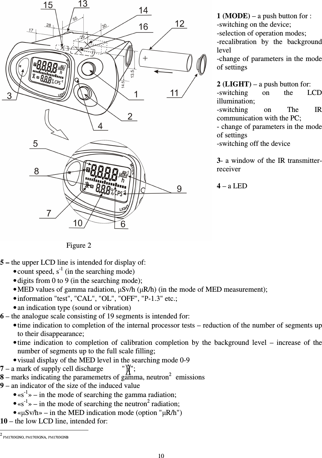  10    1 (MODE) – a push button for : -switching on the device; -selection of operation modes; -recalibration  by  the  background level -change of parameters in the mode of settings  2 (LIGHT) – a push button for: -switching  on  the  LCD illumination; -switching  on  The  IR communication with the PC;  - change of parameters in the mode of settings  -switching off the device  3- a window of the IR transmitter-receiver  4 – a LED       Figure 2  5 – the upper LCD line is intended for display of: • count speed, s-1 (in the searching mode) • digits from 0 to 9 (in the searching mode); • MED values of gamma radiation, µSv/h (µR/h) (in the mode of MED measurement);  • information &quot;test&quot;, &quot;CAL&quot;, &quot;OL&quot;, &quot;OFF&quot;, &quot;Р-1.3&quot; etc.; • an indication type (sound or vibration) 6 – the analogue scale consisting of 19 segments is intended for: • time indication to completion of the internal processor tests – reduction of the number of segments up to their disappearance; • time  indication  to  completion  of  calibration  completion  by  the  background  level  –  increase  of  the number of segments up to the full scale filling; • visual display of the MED level in the searching mode 0-9  7 – a mark of supply cell discharge          &quot;   &quot;; 8 – marks indicating the paramemetrs of gamma, neutron21 emissions 9 – an indicator of the size of the induced value • «s-1» – in the mode of searching the gamma radiation; • «s-1» – in the mode of searching the neutron2 radiation; • «µSv/h» – in the MED indication mode (option &quot;µR/h&quot;) 10 – the low LCD line, intended for:                                                            2 РМ1703GNO, РМ1703GNA, РМ1703GNB 