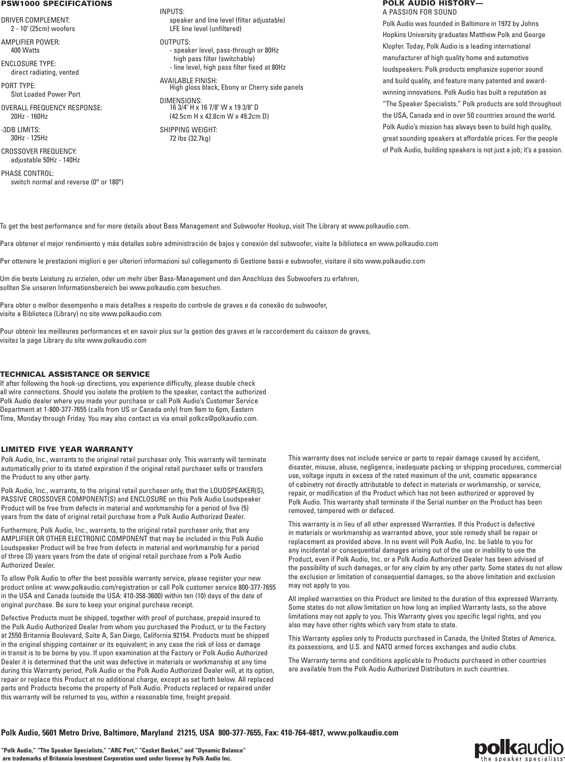 Page 8 of 8 - Polk-Audio Polk-Audio-Speaker-Psw1000-Users-Manual- PSW1000 Subwoofer Manual  Polk-audio-speaker-psw1000-users-manual