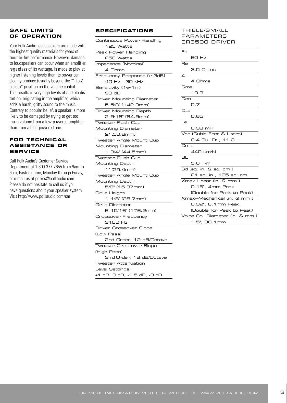 Page 3 of 8 - Polk-Audio Polk-Audio-Speaker-Sr6500-Users-Manual- SR6500 Compaxial Manual Polk-audio-speaker-sr6500-users-manual