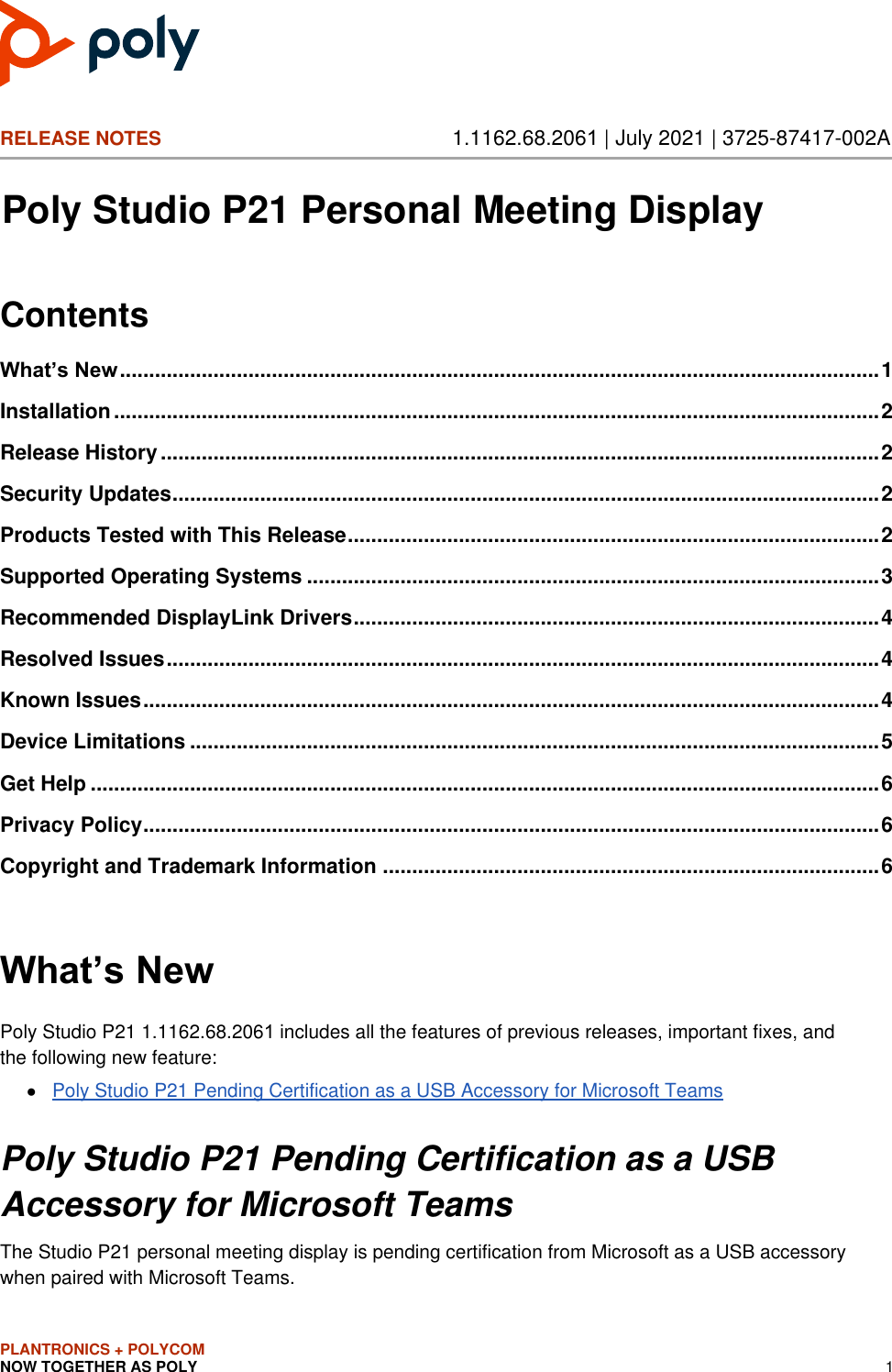 Page 1 of 7 - Poly Studio P21 Release Notes 1-1162 P21-release-notes-1-1162