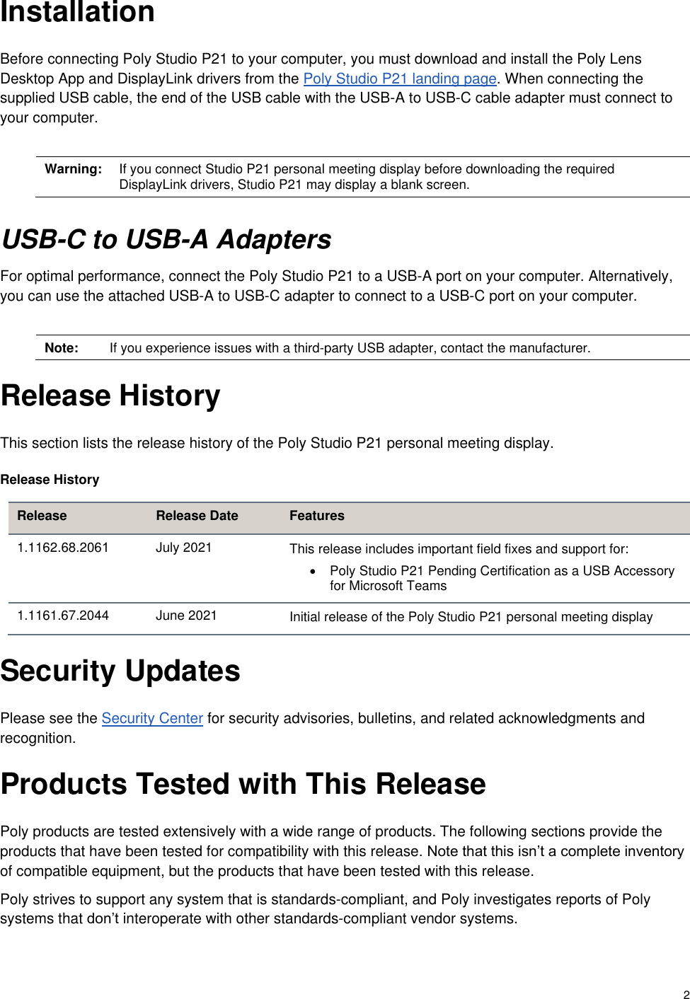 Page 2 of 7 - Poly Studio P21 Release Notes 1-1162 P21-release-notes-1-1162