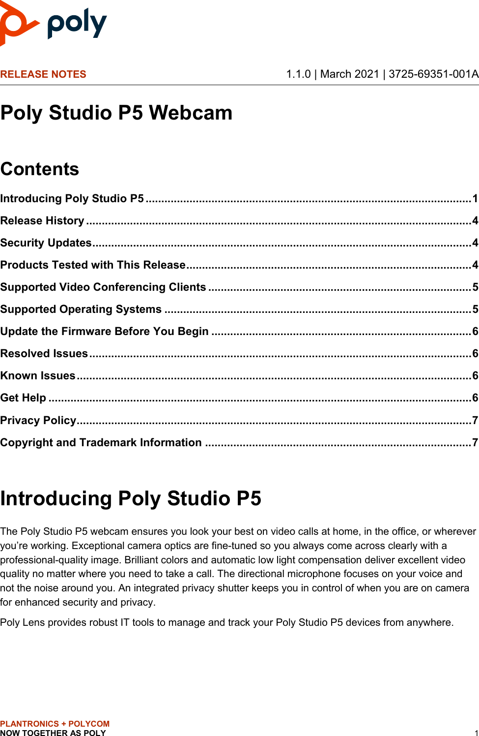 Page 1 of 7 - Poly Studio P5 Webcam 1.1.0 Release Notes Studio-p5-release-notes-en