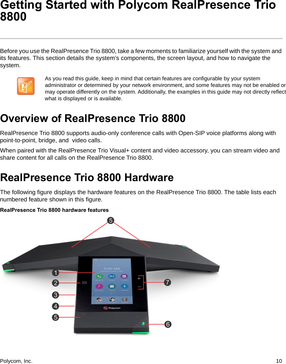 Polycom, Inc.  10 Getting Started with Polycom RealPresence Trio 8800Before you use the RealPresence Trio 8800, take a few moments to familiarize yourself with the system and its features. This section details the system’s components, the screen layout, and how to navigate the system. Overview of RealPresence Trio 8800RealPresence Trio 8800 supports audio-only conference calls with Open-SIP voice platforms along with point-to-point, bridge, and  video calls. When paired with the RealPresence Trio Visual+ content and video accessory, you can stream video and share content for all calls on the RealPresence Trio 8800.RealPresence Trio 8800 HardwareThe following figure displays the hardware features on the RealPresence Trio 8800. The table lists each numbered feature shown in this figure.RealPresence Trio 8800 hardware featuresAs you read this guide, keep in mind that certain features are configurable by your system administrator or determined by your network environment, and some features may not be enabled or may operate differently on the system. Additionally, the examples in this guide may not directly reflect what is displayed or is available.