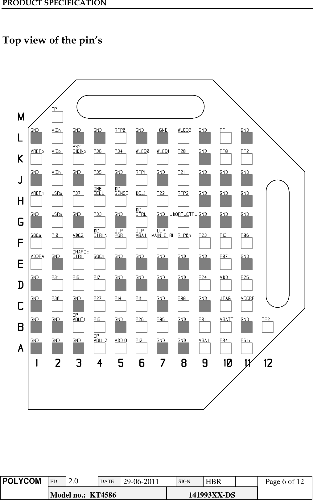 PRODUCT SPECIFICATION      POLYCOM ED  2.0 DATE 29-06-2011 SIGN HBR  Page 6 of 12 Model no.:  KT4586 141993XX-DS     Top view of the pin’s                                                           