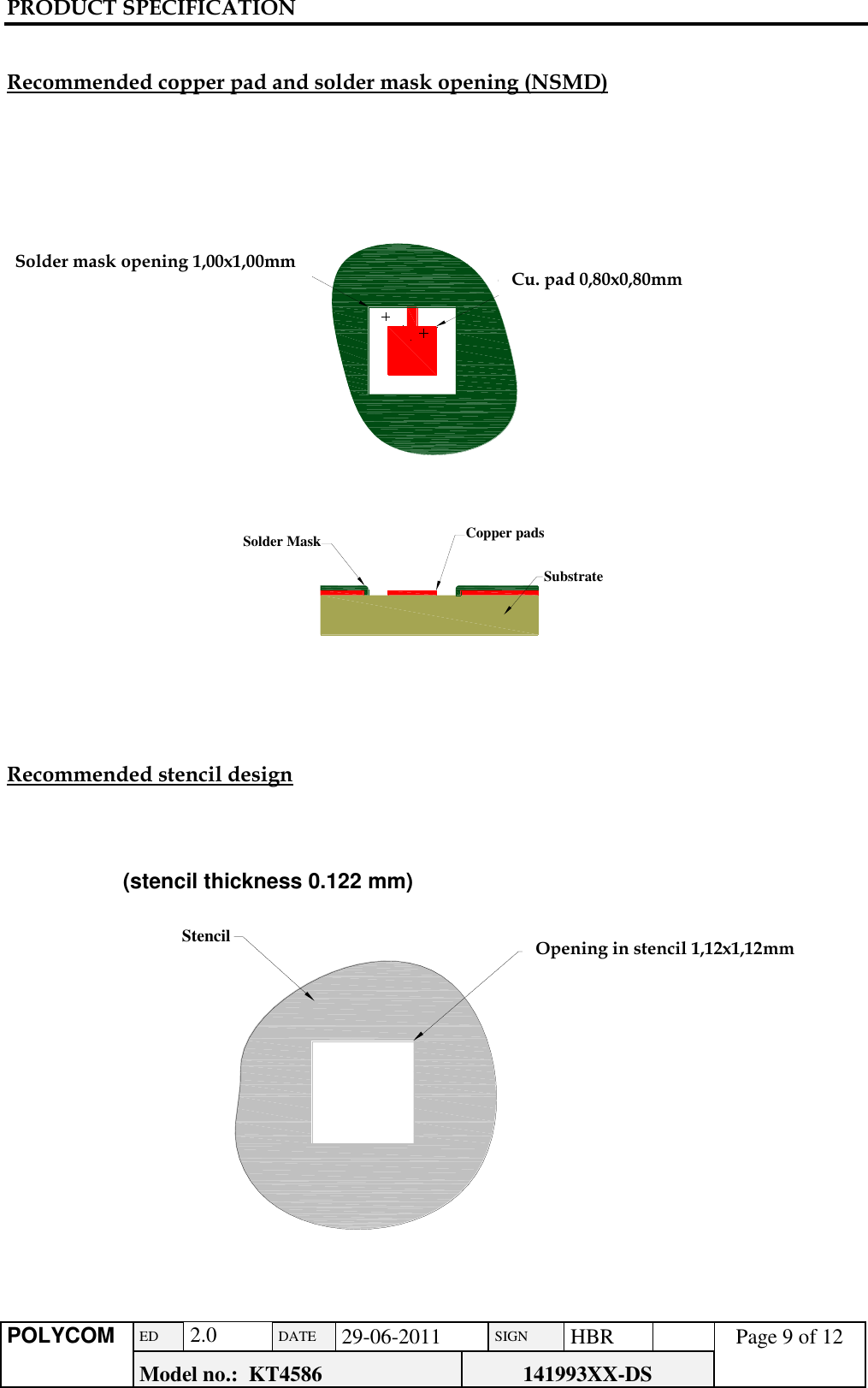PRODUCT SPECIFICATION      POLYCOM ED  2.0 DATE 29-06-2011 SIGN HBR  Page 9 of 12 Model no.:  KT4586 141993XX-DS   Cu. pad 1.00x1.00mmSolder mask opening 1.80x1.80mmSubstrateCopper padsSolder MaskStencil Opening in stencil 1.40 x 1,40mm Recommended copper pad and solder mask opening (NSMD)                           Recommended stencil design         (stencil thickness 0.122 mm)                        Cu. pad 0,80x0,80mm       Solder mask opening 1,00x1,00mm Opening in stencil 1,12x1,12mm 
