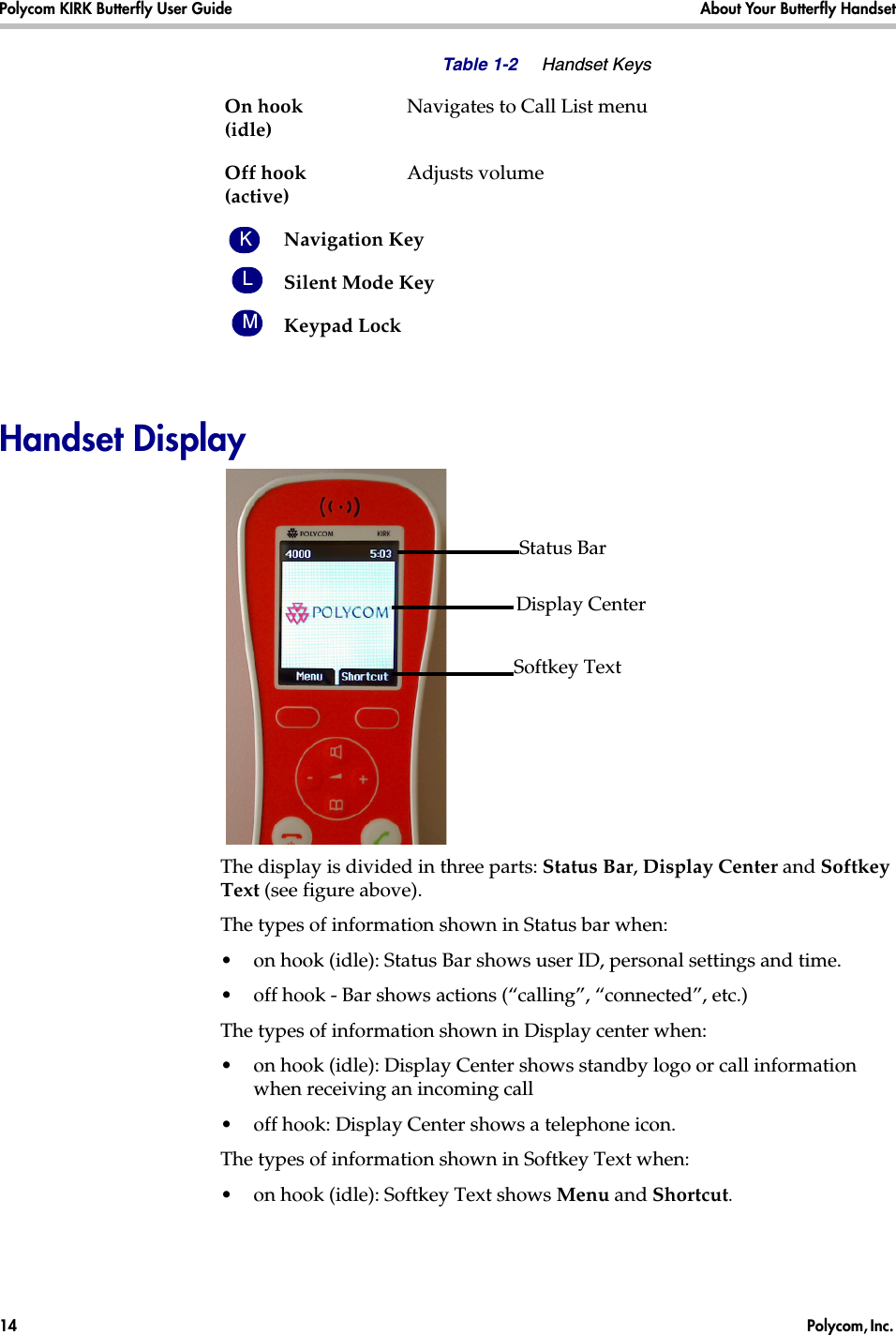 Polycom KIRK Butterfly User Guide About Your Butterfly Handset14  Polycom, Inc. Handset DisplayThe display is divided in three parts: Status Bar, Display Center and Softkey Text (see figure above).The types of information shown in Status bar when: •on hook (idle): Status Bar shows user ID, personal settings and time. •off hook - Bar shows actions (“calling”, “connected”, etc.)The types of information shown in Display center when:•on hook (idle): Display Center shows standby logo or call information when receiving an incoming call•off hook: Display Center shows a telephone icon.The types of information shown in Softkey Text when:•on hook (idle): Softkey Text shows Menu and Shortcut.On hook(idle) Navigates to Call List menuOff hook(active) Adjusts volumeNavigation KeySilent Mode KeyKeypad LockTable 1-2 Handset KeysLMStatus BarDisplay CenterSoftkey TextK