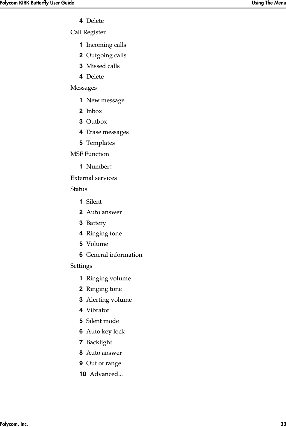 Polycom, Inc.  33 Polycom KIRK Butterfly User Guide Using The Menu 4  DeleteCall Register1  Incoming calls2  Outgoing calls3  Missed calls4  DeleteMessages1  New message2  Inbox3  Outbox4  Erase messages5  TemplatesMSF Function1  Number:External servicesStatus1  Silent2  Auto answer3  Battery4  Ringing tone 5  Volume6  General informationSettings1  Ringing volume2  Ringing tone3  Alerting volume4  Vibrator5  Silent mode6  Auto key lock7  Backlight8  Auto answer9  Out of range10  Advanced...