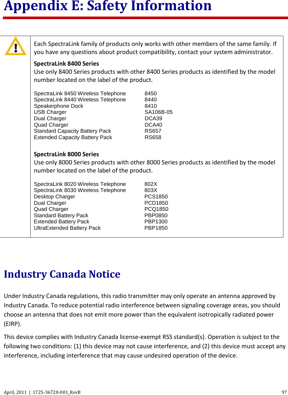  April, 2011  |  1725-36720-001_RevB 97  Appendix E: Safety Information   Each SpectraLink family of products only works with other members of the same family. If you have any questions about product compatibility, contact your system administrator. SpectraLink 8400 Series Use only 8400 Series products with other 8400 Series products as identified by the model number located on the label of the product.  SpectraLink 8450 Wireless Telephone 8450 SpectraLink 8440 Wireless Telephone 8440 Speakerphone Dock 8410 USB Charger SA106B-05 Dual Charger DCA39 Quad Charger DCA40 Standard Capacity Battery Pack RS657 Extended Capacity Battery Pack RS658  SpectraLink 8000 Series Use only 8000 Series products with other 8000 Series products as identified by the model number located on the label of the product.  SpectraLink 8020 Wireless Telephone 802X SpectraLink 8030 Wireless Telephone 803X Desktop Charger PCS1850 Dual Charger PCD1850 Quad Charger PCQ1850 Standard Battery Pack  PBP0850 Extended Battery Pack  PBP1300 UltraExtended Battery Pack  PBP1850   Industry Canada Notice Under Industry Canada regulations, this radio transmitter may only operate an antenna approved by Industry Canada. To reduce potential radio interference between signaling coverage areas, you should choose an antenna that does not emit more power than the equivalent isotropically radiated power (EIRP). This device complies with Industry Canada license-exempt RSS standard(s). Operation is subject to the following two conditions: (1) this device may not cause interference, and (2) this device must accept any interference, including interference that may cause undesired operation of the device.  