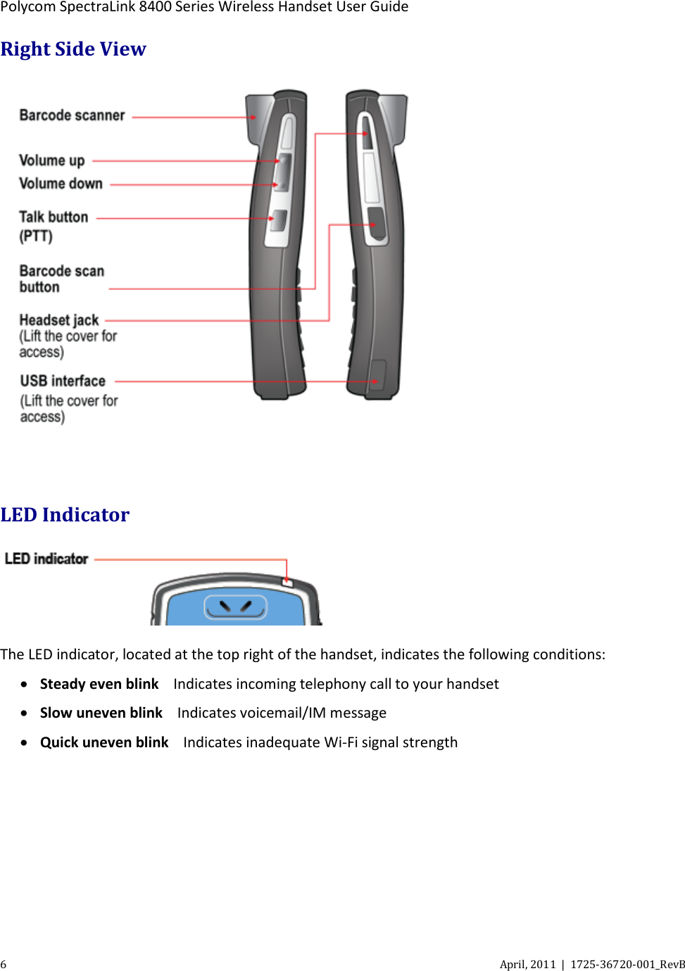  Polycom SpectraLink 8400 Series Wireless Handset User Guide 6  April, 2011  |  1725-36720-001_RevB  Right Side View   LED Indicator  The LED indicator, located at the top right of the handset, indicates the following conditions: • Steady even blink Indicates incoming telephony call to your handset • Slow uneven blink Indicates voicemail/IM message  • Quick uneven blink Indicates inadequate Wi-Fi signal strength 