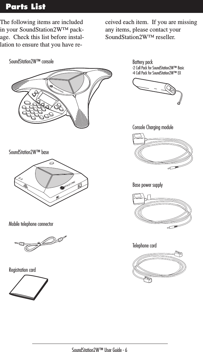 SoundStation2W™ User Guide - 6Parts ListThe following items are included in your SoundStation2W™ pack-age.  Check this list before instal-lation to ensure that you have re-ceived each item.  If you are missing any items, please contact your SoundStation2W™ reseller.SoundStation2W™ console Battery pack-2 Cell Pack for SoundStation2W™ Basic-4 Cell Pack for SoundStation2W™ EXConsole Charging moduleSoundStation2W™ baseBase power supplyTelephone cordMobile telephone connectorRegistration cardConnection Diagram 