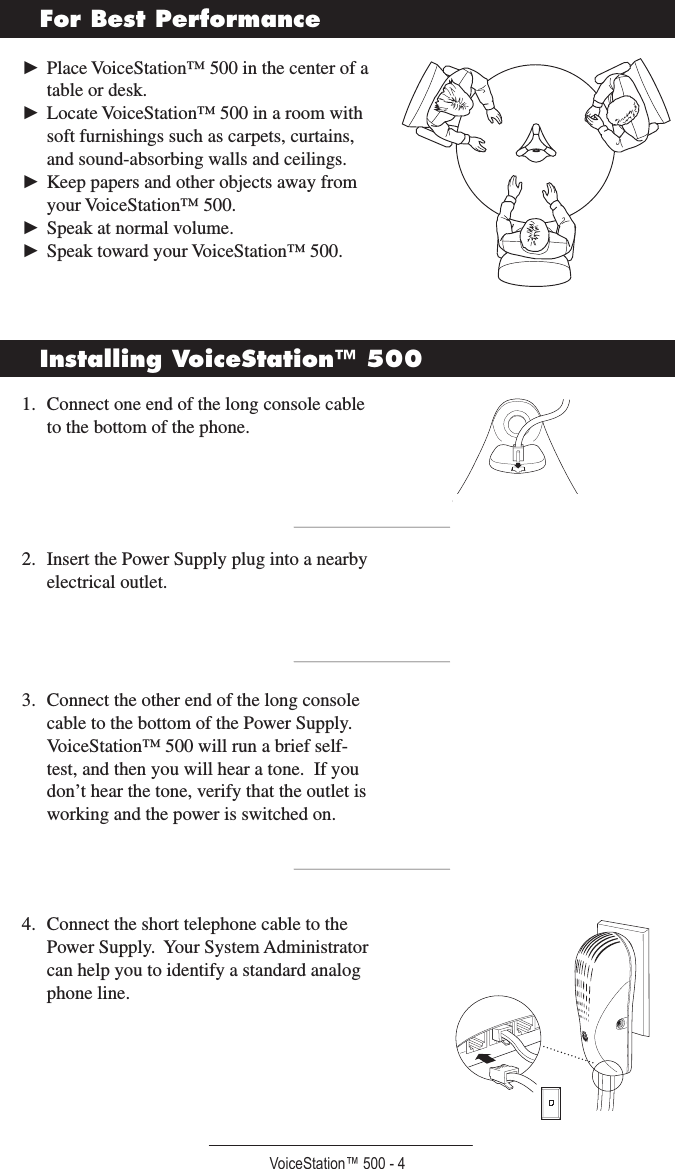 VoiceStation™ 500 - 4For Best Performance► Place VoiceStation™ 500 in the center of a table or desk.► Locate VoiceStation™ 500 in a room with soft furnishings such as carpets, curtains, and sound-absorbing walls and ceilings.► Keep papers and other objects away from your VoiceStation™ 500.► Speak at normal volume.► Speak toward your VoiceStation™ 500.Installing VoiceStation™ 5001.  Connect one end of the long console cable to the bottom of the phone.2.  Insert the Power Supply plug into a nearby electrical outlet.3.  Connect the other end of the long console cable to the bottom of the Power Supply.VoiceStation™ 500 will run a brief self-test, and then you will hear a tone.  If you don’t hear the tone, verify that the outlet is working and the power is switched on.4.  Connect the short telephone cable to the Power Supply.  Your System Administrator can help you to identify a standard analog phone line.