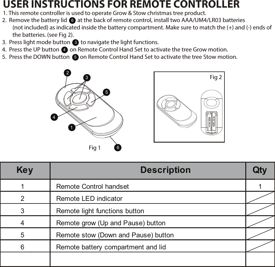 MADE IN CHINA234516Fig 1Fig 2USER INSTRUCTIONS FOR REMOTE CONTROLLER1. This remote controller is used to operate Grow &amp; Stow christmas tree product.2.  Remove the battery lid        at the back of remote control, install two AAA/UM4/LR03 batteries         (not included) as indicated inside the battery compartment. Make sure to match the (+) and (-) ends of         the batteries. (see Fig 2). 3.  Press light mode button        to navigate the light functions.4.  Press the UP button        on Remote Control Hand Set to activate the tree Grow motion.5.  Press the DOWN button        on Remote Control Hand Set to activate the tree Stow motion.6345Key Description Qty1 Remote Control handset 12 Remote LED indicator3 Remote light functions button4 Remote grow (Up and Pause) button5 Remote stow (Down and Pause) button6 Remote battery compartment and lid