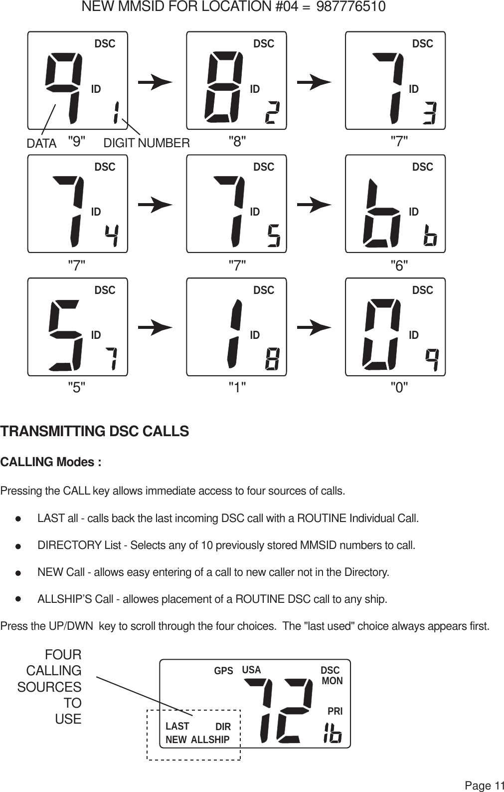 DSCIDDSCIDDSCIDDSCIDDSCIDDSCIDDSCIDDSCIDDSCIDUSALAST DIRNEW ALLSHIPDSCMONPRIGPSPage 11NEW MMSID FOR LOCATION #04 = 987776510&quot;9&quot; &quot;8&quot; &quot;7&quot;&quot;7&quot; &quot;7&quot; &quot;6&quot;&quot;5&quot; &quot;1&quot; &quot;0&quot;DATA DIGIT NUMBERTRANSMITTING DSC CALLSCALLING Modes :Pressing the CALL key allows immediate access to four sources of calls. LAST all - calls back the last incoming DSC call with a ROUTINE Individual Call. DIRECTORY List - Selects any of 10 previously stored MMSID numbers to call. NEW Call - allows easy entering of a call to new caller not in the Directory. ALLSHIP’S Call - allowes placement of a ROUTINE DSC call to any ship.Press the UP/DWN  key to scroll through the four choices.  The &quot;last used&quot; choice always appears first.FOURCALLINGSOURCESTOUSE