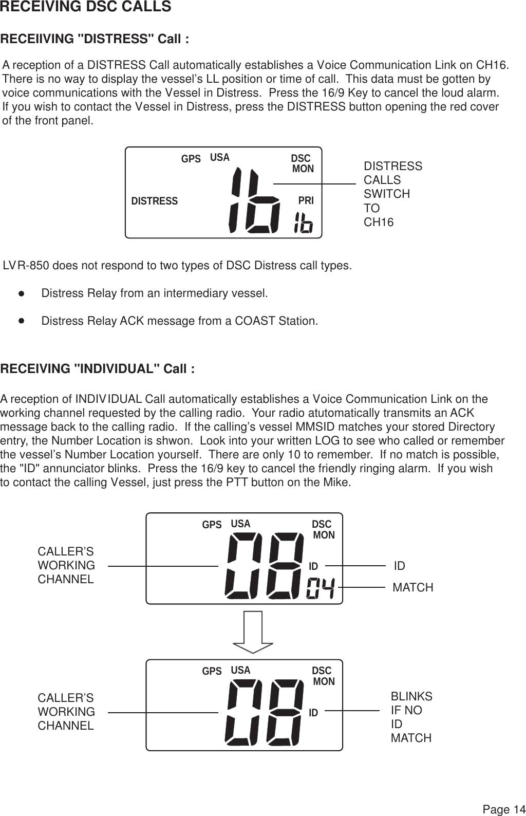 USADISTRESSDSCMONPRIGPSUSA DSCMONIDGPSUSA DSCMONIDGPSPage 14RECEIVING DSC CALLSRECEIIVING &quot;DISTRESS&quot; Call :A reception of a DISTRESS Call automatically establishes a Voice Communication Link on CH16.There is no way to display the vessel’s LL position or time of call.  This data must be gotten by voice communications with the Vessel in Distress.  Press the 16/9 Key to cancel the loud alarm.  If you wish to contact the Vessel in Distress, press the DISTRESS button opening the red coverof the front panel.DISTRESS CALLSSWITCHTOCH16LVR-850 does not respond to two types of DSC Distress call types. Distress Relay from an intermediary vessel. Distress Relay ACK message from a COAST Station.RECEIVING &quot;INDIVIDUAL&quot; Call :A reception of INDIVIDUAL Call automatically establishes a Voice Communication Link on theworking channel requested by the calling radio.  Your radio atutomatically transmits an ACK message back to the calling radio.  If the calling’s vessel MMSID matches your stored Directory entry, the Number Location is shwon.  Look into your written LOG to see who called or remember the vessel’s Number Location yourself.  There are only 10 to remember.  If no match is possible, the &quot;ID&quot; annunciator blinks.  Press the 16/9 key to cancel the friendly ringing alarm.  If you wish to contact the calling Vessel, just press the PTT button on the Mike.CALLER’SWORKINGCHANNELCALLER’SWORKINGCHANNELIDBLINKSIF NO IDMATCHMATCH