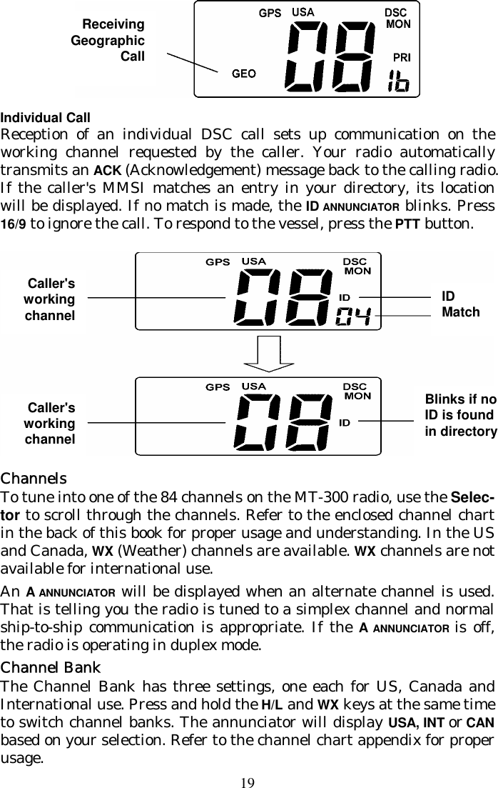 19  Individual Call Reception of an individual DSC call sets up communication on the working channel requested by the caller. Your radio automatically transmits an ACK (Acknowledgement) message back to the calling radio. If the caller&apos;s MMSI matches an entry in your directory, its location will be displayed. If no match is made, the ID ANNUNCIATOR blinks. Press 16/9 to ignore the call. To respond to the vessel, press the PTT button.   Channels To tune into one of the 84 channels on the MT-300 radio, use the Selec-tor to scroll through the channels. Refer to the enclosed channel chart in the back of this book for proper usage and understanding. In the US and Canada, WX (Weather) channels are available. WX channels are not available for international use. An A ANNUNCIATOR will be displayed when an alternate channel is used. That is telling you the radio is tuned to a simplex channel and normal ship-to-ship communication is appropriate. If the A ANNUNCIATOR is off, the radio is operating in duplex mode.  Channel Bank The Channel Bank has three settings, one each for US, Canada and International use. Press and hold the H/L and WX keys at the same time to switch channel banks. The annunciator will display USA, INT or CAN based on your selection. Refer to the channel chart appendix for proper usage.  Receiving Geographic Call Caller&apos;s working channelID Match Caller&apos;s working channelBlinks if no ID is found in directory 