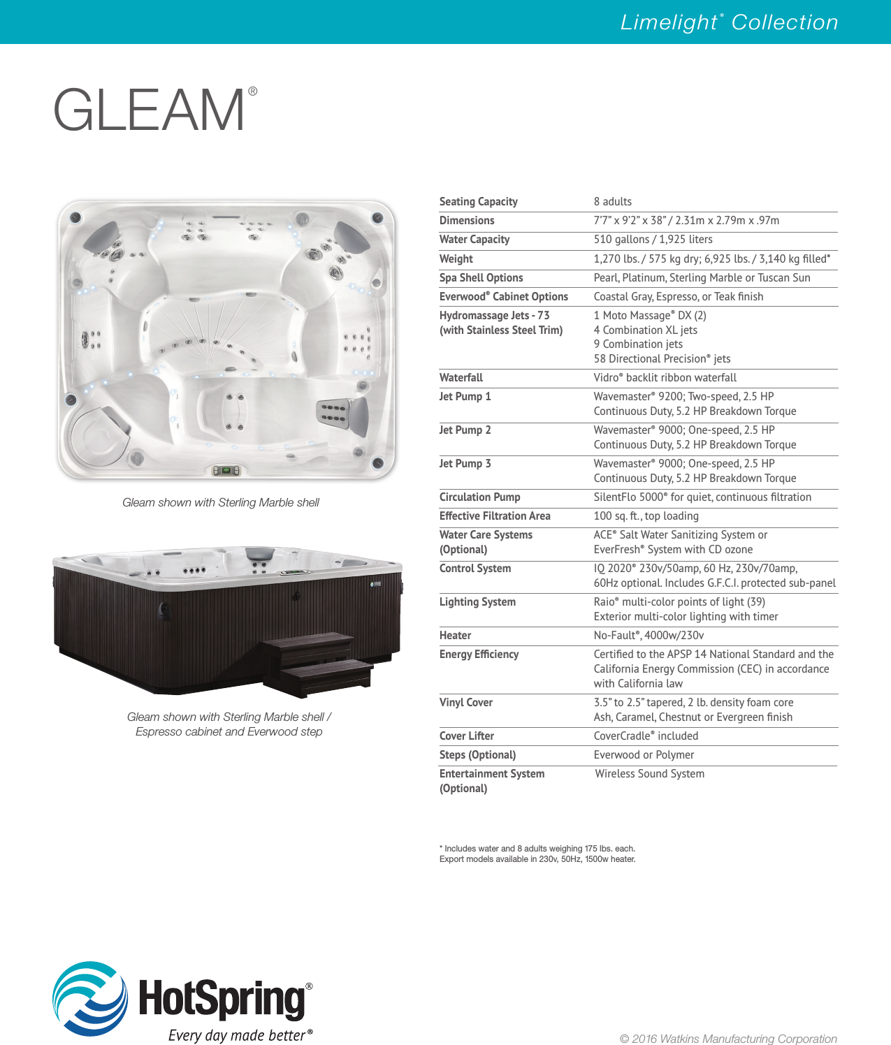 Page 1 of 1 - Pools Spas 2016-Limelight-Gleam-Spec-Sheet User Manual