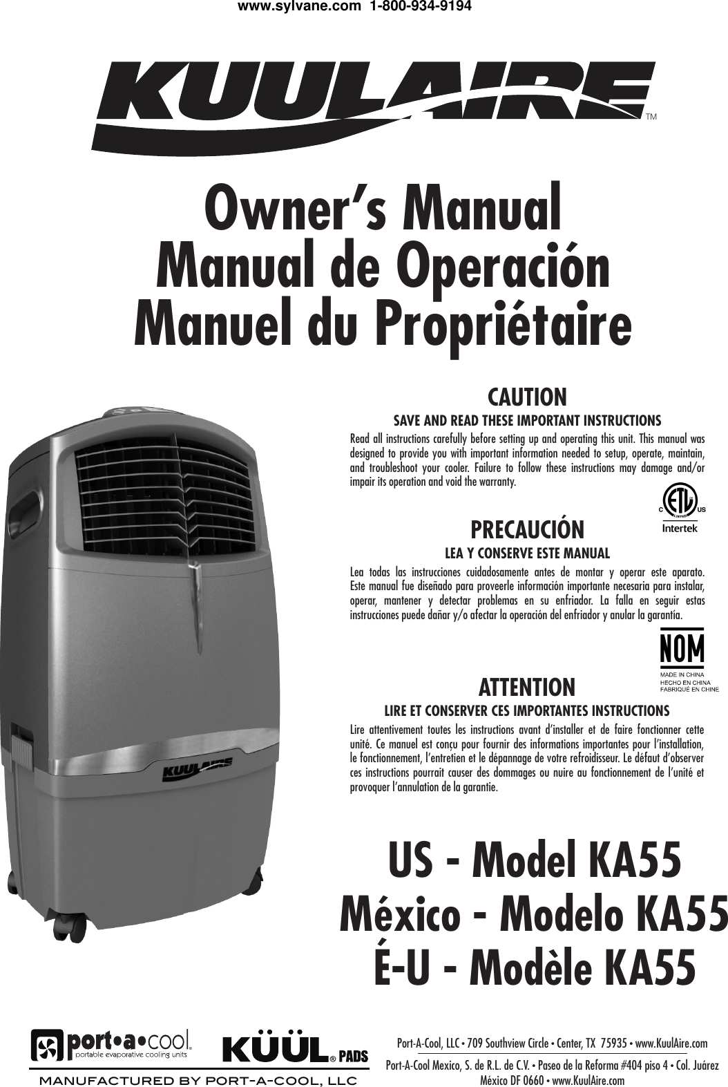 Port A Cool Ka55 Users Manual KuulAire PACKA55 Portable Evaporative