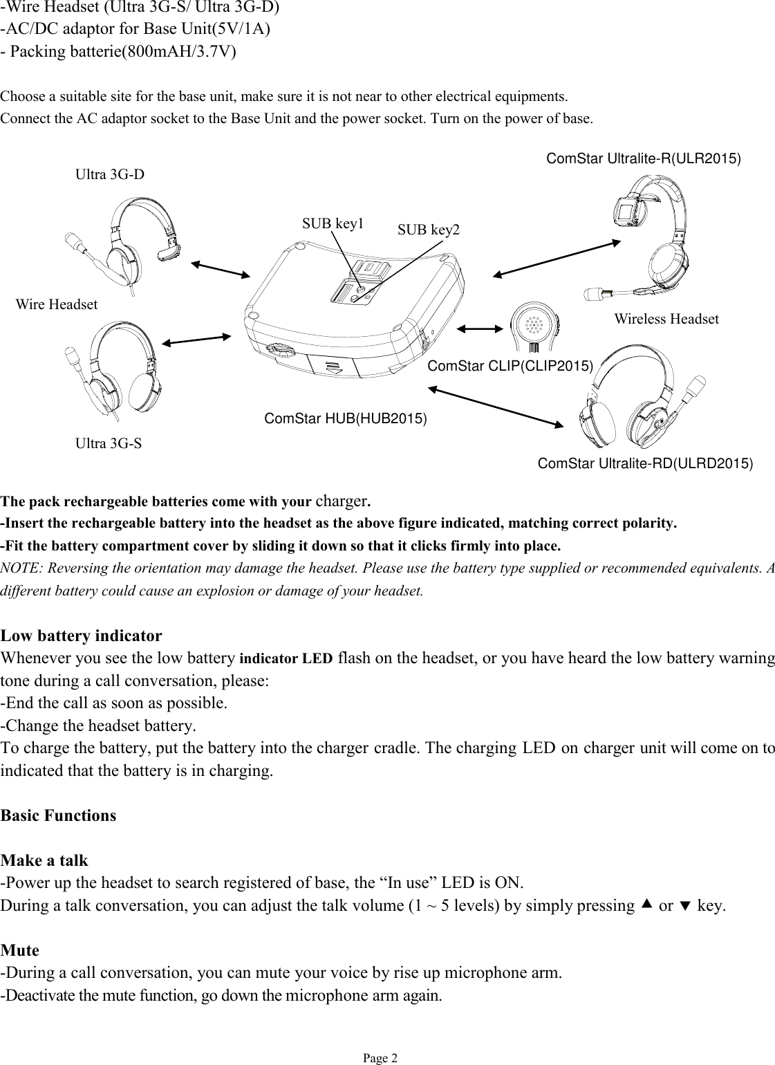   Page 2 -Wire Headset (Ultra 3G-S/ Ultra 3G-D)  -AC/DC adaptor for Base Unit(5V/1A) - Packing batterie(800mAH/3.7V)  Choose a suitable site for the base unit, make sure it is not near to other electrical equipments. Connect the AC adaptor socket to the Base Unit and the power socket. Turn on the power of base.                 The pack rechargeable batteries come with your charger.  -Insert the rechargeable battery into the headset as the above figure indicated, matching correct polarity. -Fit the battery compartment cover by sliding it down so that it clicks firmly into place. NOTE: Reversing the orientation may damage the headset. Please use the battery type supplied or recommended equivalents. A different battery could cause an explosion or damage of your headset.  Low battery indicator Whenever you see the low battery indicator LED flash on the headset, or you have heard the low battery warning tone during a call conversation, please: -End the call as soon as possible. -Change the headset battery. To charge the battery, put the battery into the charger cradle. The charging LED on charger unit will come on to indicated that the battery is in charging.  Basic Functions  Make a talk -Power up the headset to search registered of base, the “In use” LED is ON. During a talk conversation, you can adjust the talk volume (1 ~ 5 levels) by simply pressing • or ‚ key.   Mute -During a call conversation, you can mute your voice by rise up microphone arm. -Deactivate the mute function, go down the microphone arm again.  Wire Headset Ultra 3G-D Ultra 3G-S SUB key2 SUB key1 Wireless Headset ComStar HUB(HUB2015)ComStar CLIP(CLIP2015)ComStar Ultralite-R(ULR2015)ComStar Ultralite-RD(ULRD2015)