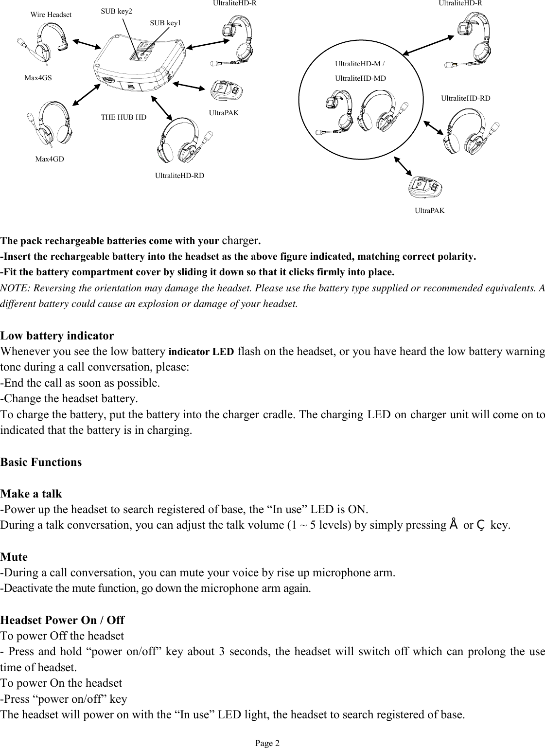   Page 2                The pack rechargeable batteries come with your charger.  -Insert the rechargeable battery into the headset as the above figure indicated, matching correct polarity. -Fit the battery compartment cover by sliding it down so that it clicks firmly into place. NOTE: Reversing the orientation may damage the headset. Please use the battery type supplied or recommended equivalents. A different battery could cause an explosion or damage of your headset.  Low battery indicator Whenever you see the low battery indicator LED flash on the headset, or you have heard the low battery warning tone during a call conversation, please: -End the call as soon as possible. -Change the headset battery. To charge the battery, put the battery into the charger cradle. The charging LED on charger unit will come on to indicated that the battery is in charging.  Basic Functions  Make a talk -Power up the headset to search registered of base, the “In use” LED is ON. During a talk conversation, you can adjust the talk volume (1 ~ 5 levels) by simply pressing • or ‚ key.   Mute -During a call conversation, you can mute your voice by rise up microphone arm. -Deactivate the mute function, go down the microphone arm again.  Headset Power On / Off To power Off the headset - Press and hold “power on/off” key about 3 seconds, the headset will switch off which can prolong the use time of headset. To power On the headset -Press “power on/off” key The headset will power on with the “In use” LED light, the headset to search registered of base.  Wire Headset UltraPAK UltraliteHD-RD UltraliteHD-R Max4GD Max4GS THE HUB HD SUB key2 SUB key1 UltraPAK UltraliteHD-RD UltraliteHD-R UltraliteHD-M / UltraliteHD-MD 