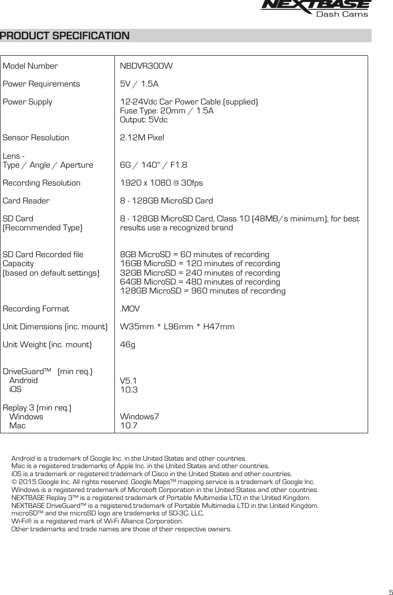 Page 5 of Portable Multimedia NBDVR300GW Dash Cam User Manual NBDVR300W   Instruction Manual  English R2 