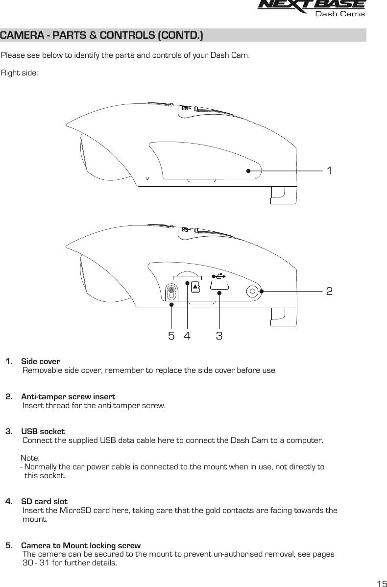   Please see below to identify the parts and controls of your Dash Cam.Right side:  1.    Side cover          Removable side cover, remember to replace the side cover before use.  2.    Anti-tamper screw insert          Insert thread for the anti-tamper screw.  3.    USB socket          Connect the supplied USB data cable here to connect the Dash Cam to a computer.         Note:         - Normally the car power cable is connected to the mount when in use, not directly to            this socket.  4.    SD card slot          Insert the MicroSD card here, taking care that the gold contacts are facing towards the mount.            5.    Camera to Mount locking screw          The camera can be secured to the mount to prevent un-authorised removal, see pages           30 - 31 for further details.       15 342CAMERA - PARTS &amp; CONTROLS (CONTD.)15
