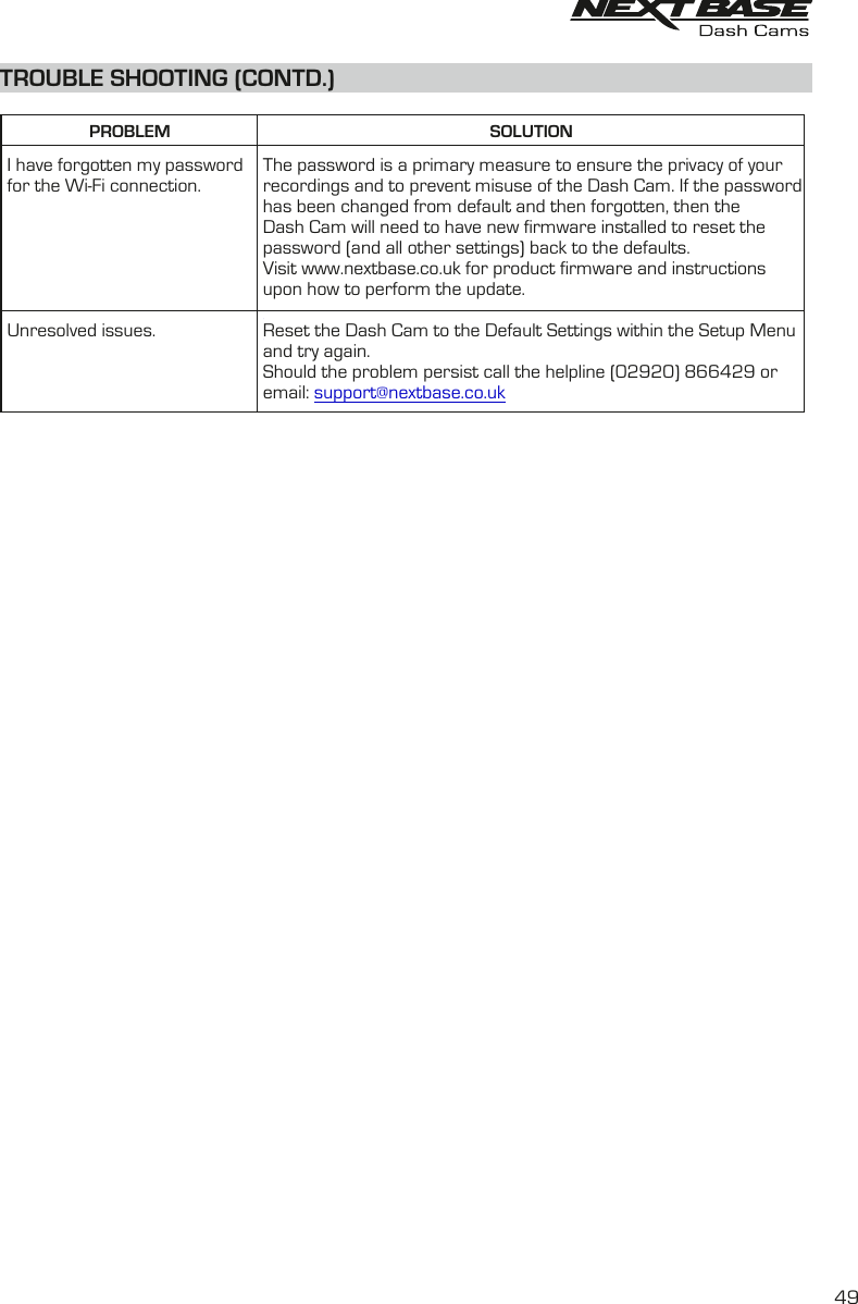 TROUBLE SHOOTING (CONTD.)PROBLEM SOLUTION49I have forgotten my passwordfor the Wi-Fi connection.Unresolved issues.The password is a primary measure to ensure the privacy of yourrecordings and to prevent misuse of the Dash Cam. If the passwordhas been changed from default and then forgotten, then theDash Cam will need to have new firmware installed to reset thepassword (and all other settings) back to the defaults. Visit www.nextbase.co.uk for product firmware and instructions upon how to perform the update.Reset the Dash Cam to the Default Settings within the Setup Menuand try again.Should the problem persist call the helpline (02920) 866429 oremail: support@nextbase.co.uk