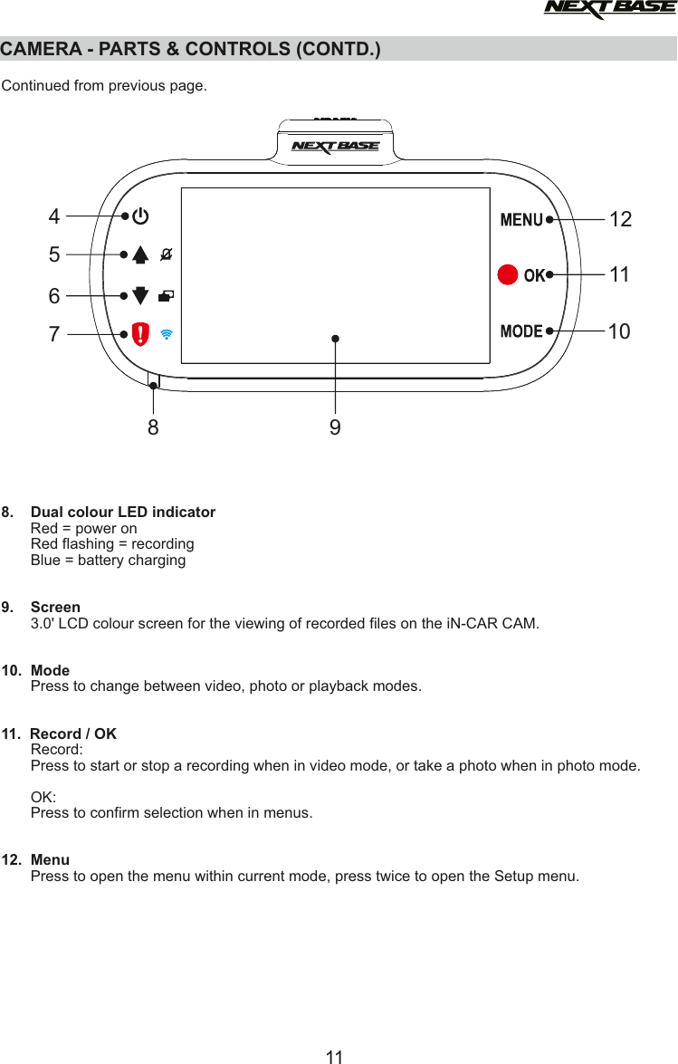 CAMERA - PARTS &amp; CONTROLS (CONTD.)CAMERA - PARTS &amp; CONTROLS (CONTD.)  Continued from previous page.8.    Dual colour LED indicator       Red = power on       Red flashing = recording       Blue = battery charging9.    Screen         3.0' LCD colour screen for the viewing of recorded files on the iN-CAR CAM.10.  Mode       Press to change between video, photo or playback modes.11.  Record / OK       Record:       Press to start or stop a recording when in video mode, or take a photo when in photo mode.        OK:       Press to confirm selection when in menus.12.  Menu       Press to open the menu within current mode, press twice to open the Setup menu.1147561210118 9