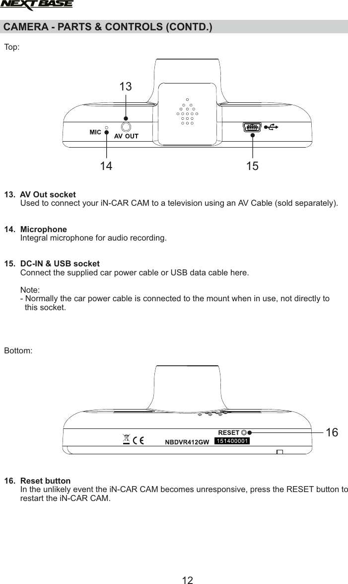 CAMERA - PARTS &amp; CONTROLS (CONTD.)  Top:13.  AV Out socket       Used to connect your iN-CAR CAM to a television using an AV Cable (sold separately).14.  Microphone       Integral microphone for audio recording.15.  DC-IN &amp; USB socket       Connect the supplied car power cable or USB data cable here.        Note:       - Normally the car power cable is connected to the mount when in use, not directly to          this socket.Bottom:16.  Reset button       In the unlikely event the iN-CAR CAM becomes unresponsive, press the RESET button to        restart the iN-CAR CAM.16121314 15