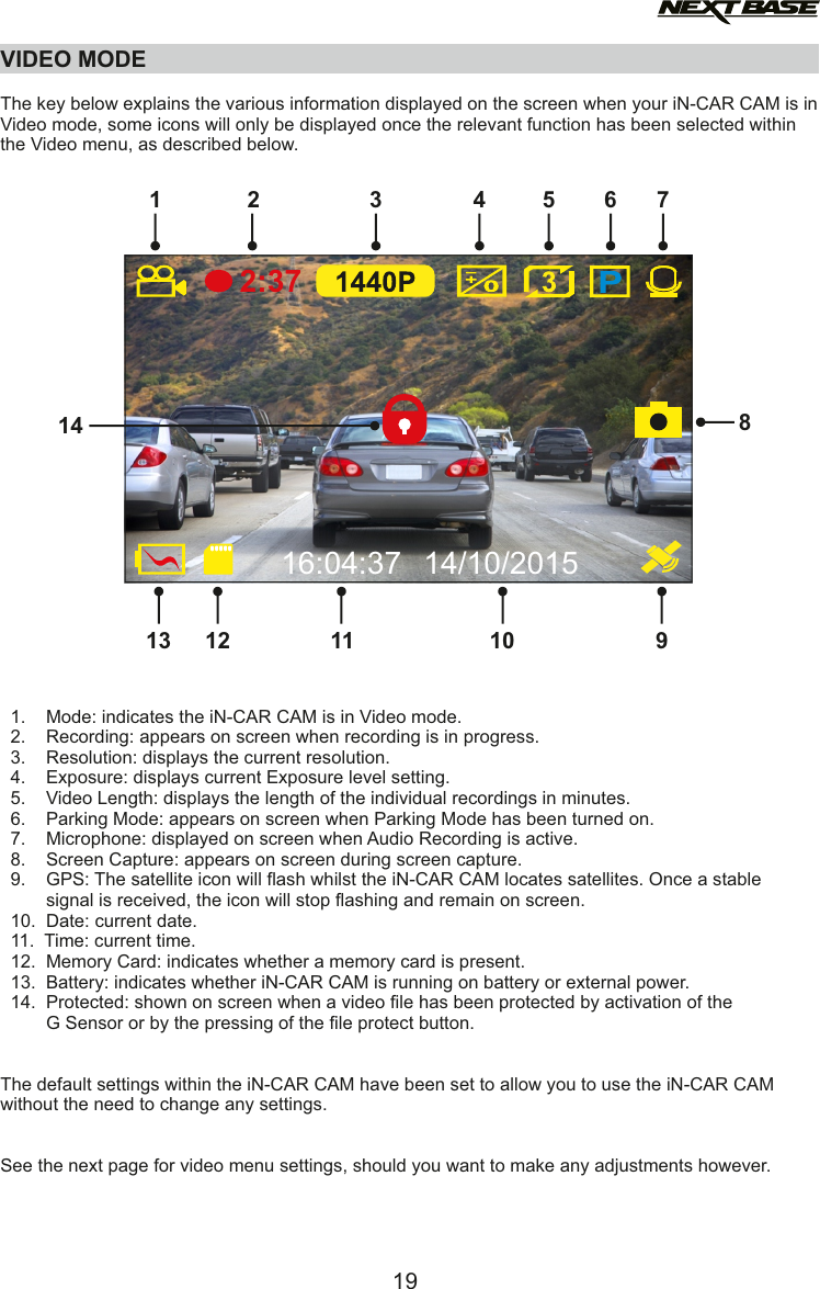 VIDEO MODEThe key below explains the various information displayed on the screen when your iN-CAR CAM is in Video mode, some icons will only be displayed once the relevant function has been selected within the Video menu, as described below.   1.    Mode: indicates the iN-CAR CAM is in Video mode.  2.    Recording: appears on screen when recording is in progress.  3.    Resolution: displays the current resolution.  4.    Exposure: displays current Exposure level setting.  5.    Video Length: displays the length of the individual recordings in minutes.  6.    Parking Mode: appears on screen when Parking Mode has been turned on.  7.    Microphone: displayed on screen when Audio Recording is active.  8.    Screen Capture: appears on screen during screen capture.  9.    GPS: The satellite icon will flash whilst the iN-CAR CAM locates satellites. Once a stable          signal is received, the icon will stop flashing and remain on screen.  10.  Date: current date.  11.  Time: current time.  12.  Memory Card: indicates whether a memory card is present.  13.  Battery: indicates whether iN-CAR CAM is running on battery or external power.  14.  Protected: shown on screen when a video file has been protected by activation of the          G Sensor or by the pressing of the file protect button.The default settings within the iN-CAR CAM have been set to allow you to use the iN-CAR CAM without the need to change any settings.See the next page for video menu settings, should you want to make any adjustments however.1914/10/20152:3716:04:3781 2 3 45679111213 1014
