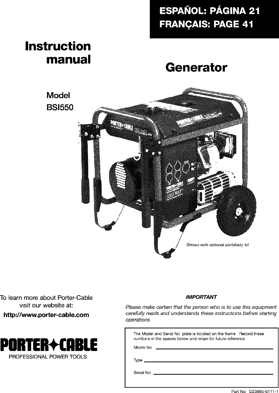 Porter Cable BSI550 W User Manual GENERATOR Manuals And Guides L0402318