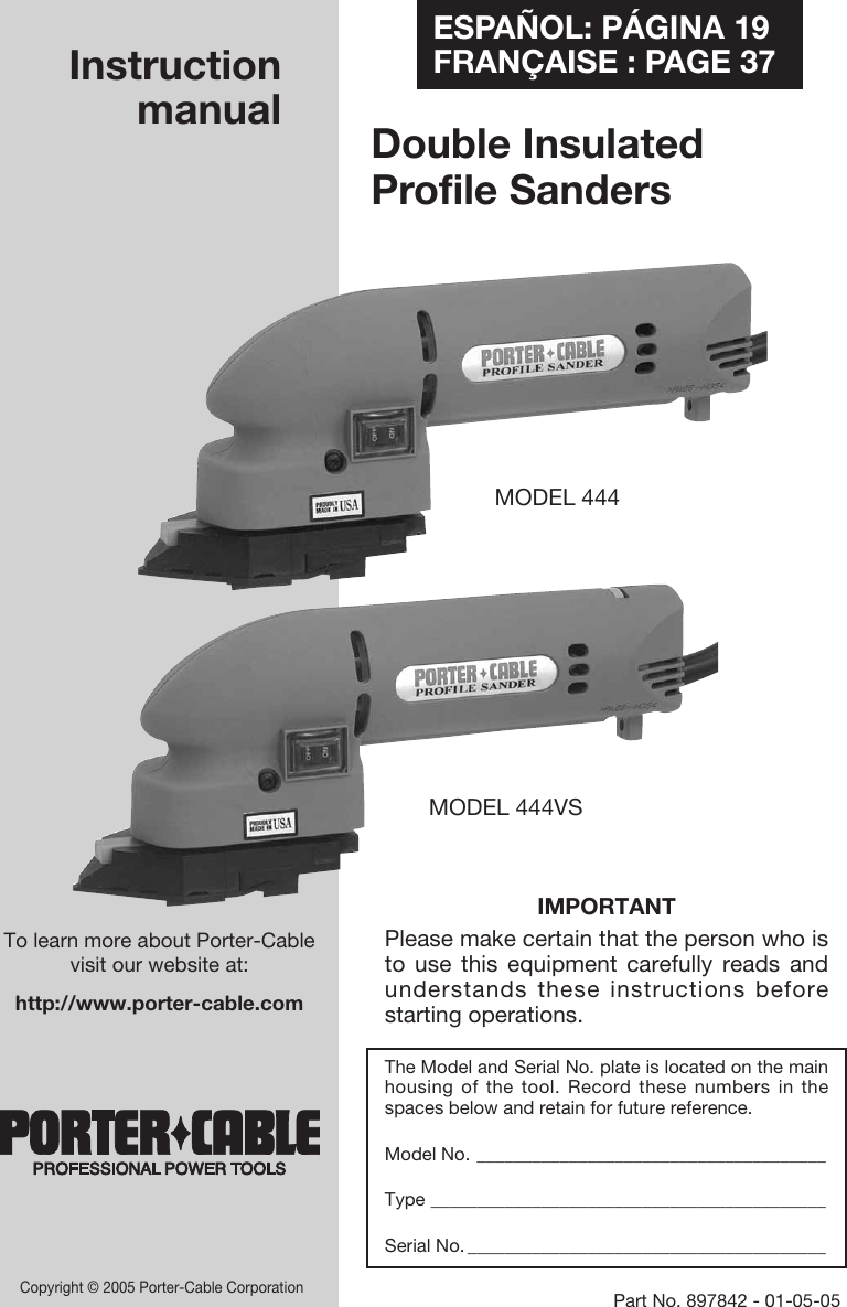 Porter Cable 444Vs Users Manual