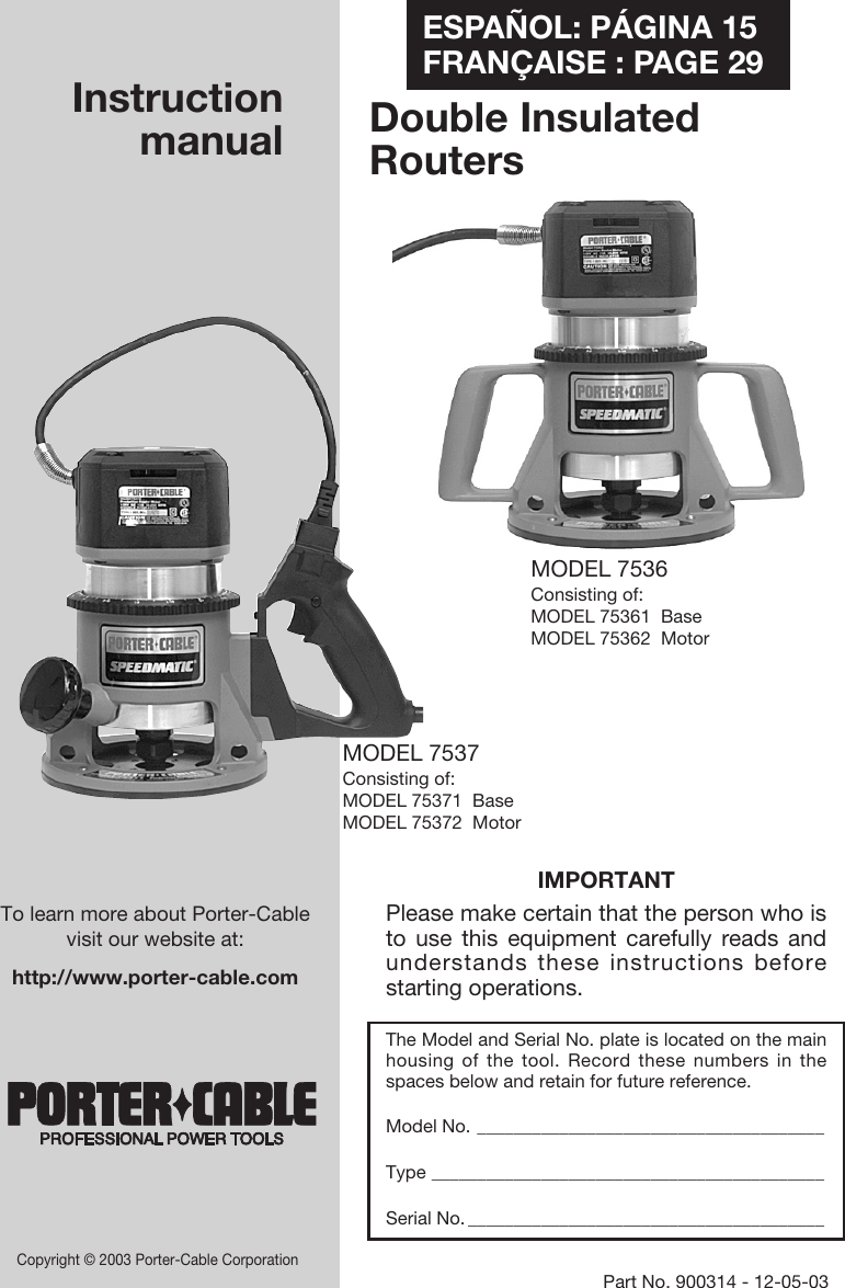 Porter Cable 7537 Users Manual 900314 12 05 03