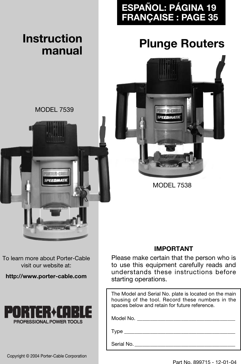 Porter Cable 7538 Users Manual