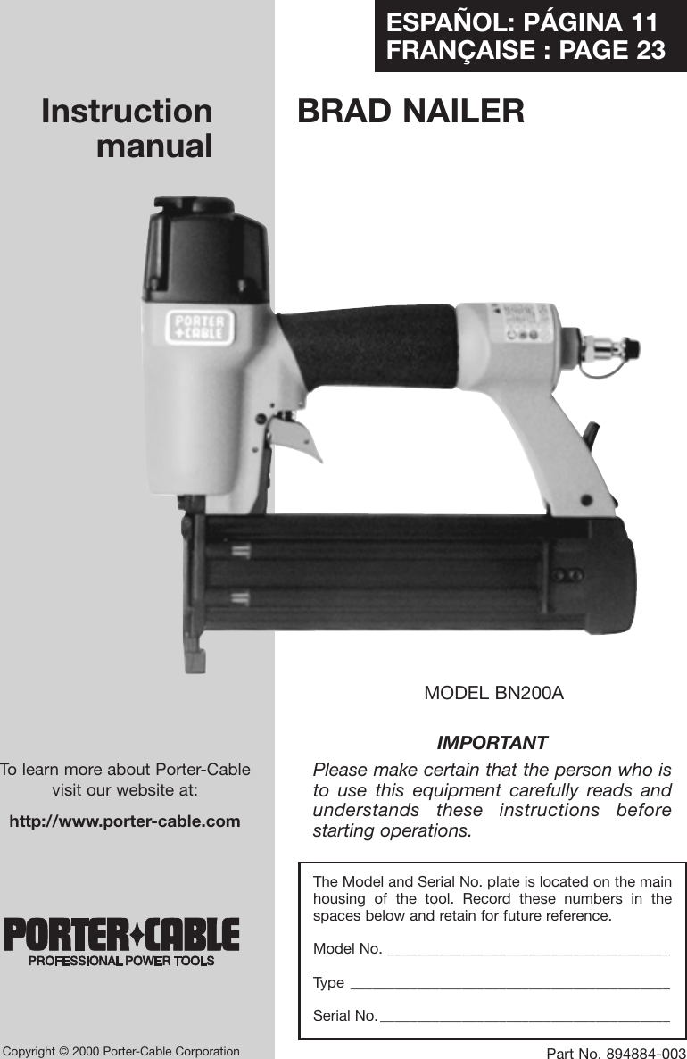 Porter Cable Nail Gun User Manual