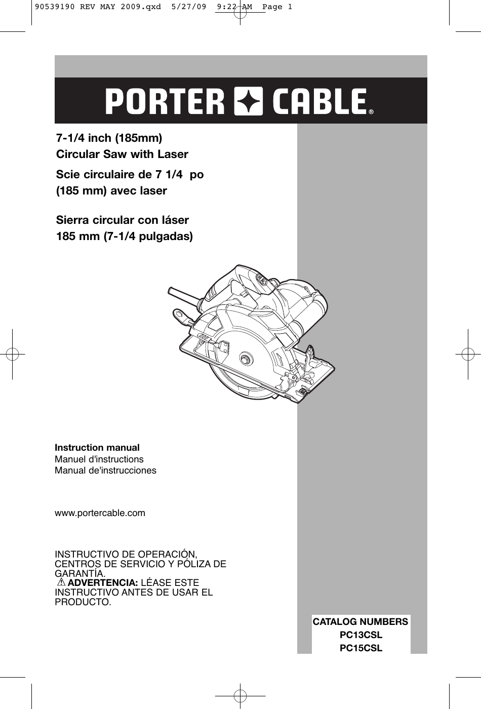 Porter Cable Pc13Csl Users Manual 90539190 REV MAY 2009