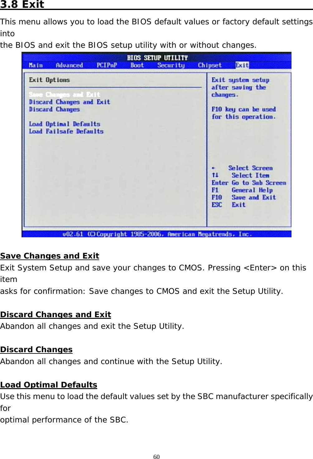  60 3.8 Exit                                                     This menu allows you to load the BIOS default values or factory default settings into the BIOS and exit the BIOS setup utility with or without changes.   Save Changes and Exit Exit System Setup and save your changes to CMOS. Pressing &lt;Enter&gt; on this item asks for confirmation: Save changes to CMOS and exit the Setup Utility.  Discard Changes and Exit Abandon all changes and exit the Setup Utility.  Discard Changes Abandon all changes and continue with the Setup Utility.  Load Optimal Defaults Use this menu to load the default values set by the SBC manufacturer specifically for optimal performance of the SBC.  