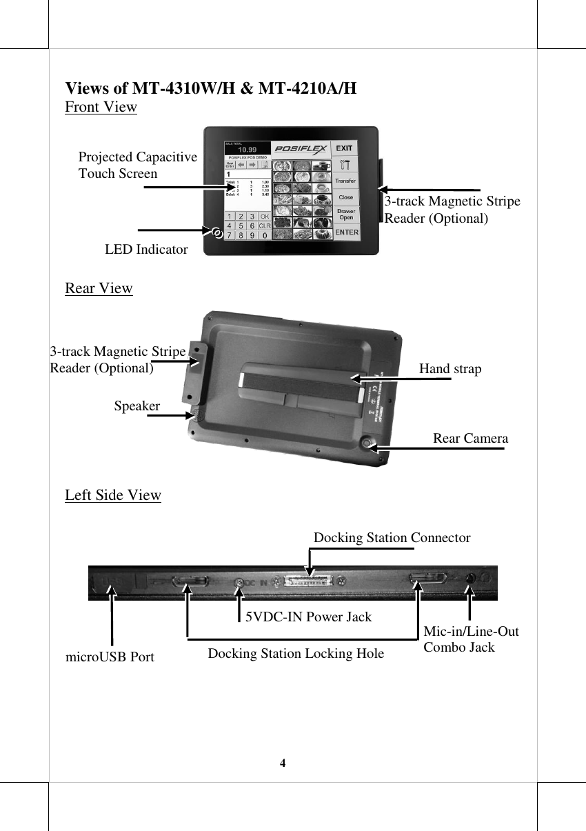   4 Views of MT-4310W/H &amp; MT-4210A/H Front View   Rear View  Left Side View       microUSB Port LED Indicator Mic-in/Line-Out Combo Jack Rear Camera Speaker Hand strap  3-track Magnetic Stripe  Reader (Optional)  Docking Station Connector  5VDC-IN Power Jack Docking Station Locking Hole Projected Capacitive Touch Screen 3-track Magnetic Stripe  Reader (Optional) 