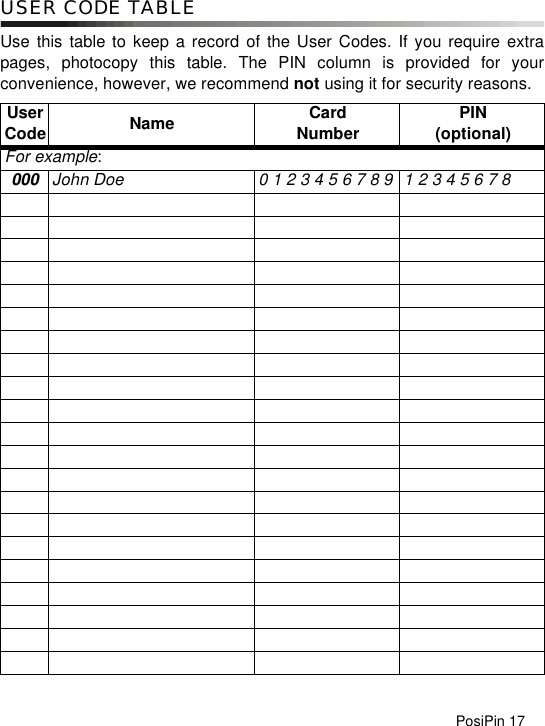 PosiPin 17USER CODE TABLEUse this table to keep a record of the User Codes. If you require extrapages, photocopy this table. The PIN column is provided for yourconvenience, however, we recommend not using it for security reasons.UserCode Name CardNumber PIN(optional)For example:000 John Doe 0 1 2 3 4 5 6 7 8 9 1 2 3 4 5 6 7 8