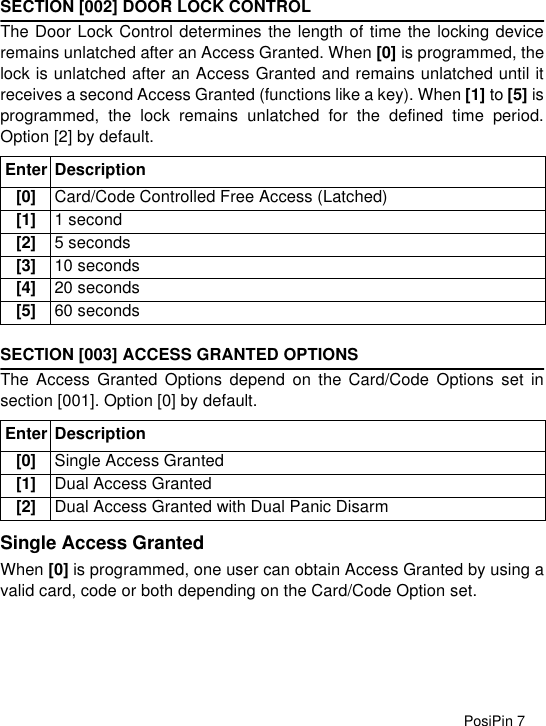 PosiPin 7SECTION [002] DOOR LOCK CONTROLThe Door Lock Control determines the length of time the locking deviceremains unlatched after an Access Granted. When [0] is programmed, thelock is unlatched after an Access Granted and remains unlatched until itreceives a second Access Granted (functions like a key). When [1] to [5] isprogrammed, the lock remains unlatched for the defined time period.Option [2] by default. SECTION [003] ACCESS GRANTED OPTIONSThe Access Granted Options depend on the Card/Code Options set insection [001]. Option [0] by default.Single Access GrantedWhen [0] is programmed, one user can obtain Access Granted by using avalid card, code or both depending on the Card/Code Option set.Enter Description[0] Card/Code Controlled Free Access (Latched)[1] 1 second[2] 5 seconds[3] 10 seconds[4] 20 seconds[5] 60 secondsEnter Description[0] Single Access Granted[1] Dual Access Granted[2] Dual Access Granted with Dual Panic Disarm