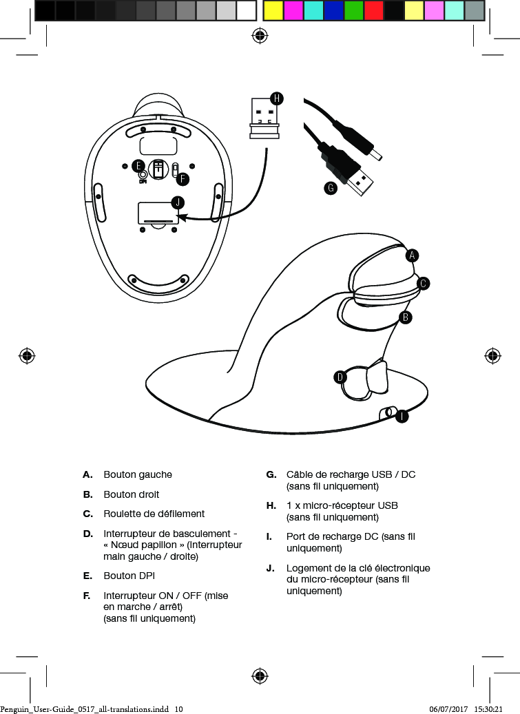 A.  Bouton gauche B.  Bouton droitC.  Roulette de d&eacute;lementD.  Interrupteur de basculement -  &laquo; N&oelig;ud papillon &raquo; (Interrupteur main gauche / droite)E.  Bouton DPIF.  Interrupteur ON / OFF (mise  en marche / arr&ecirc;t)  (sans l uniquement) G.  C&acirc;ble de recharge USB / DC (sans l uniquement)H.  1 x micro-r&eacute;cepteur USB  (sans l uniquement)I.  Port de recharge DC (sans l uniquement)J.  Logement de la cl&eacute; &eacute;lectronique du micro-r&eacute;cepteur (sans l uniquement)Front SideTop Bottom AngleBackEFJFront SideTop Bottom AngleBackACBIDHGPenguin_User-Guide_0517_all-translations.indd   10 06/07/2017   15:30:21