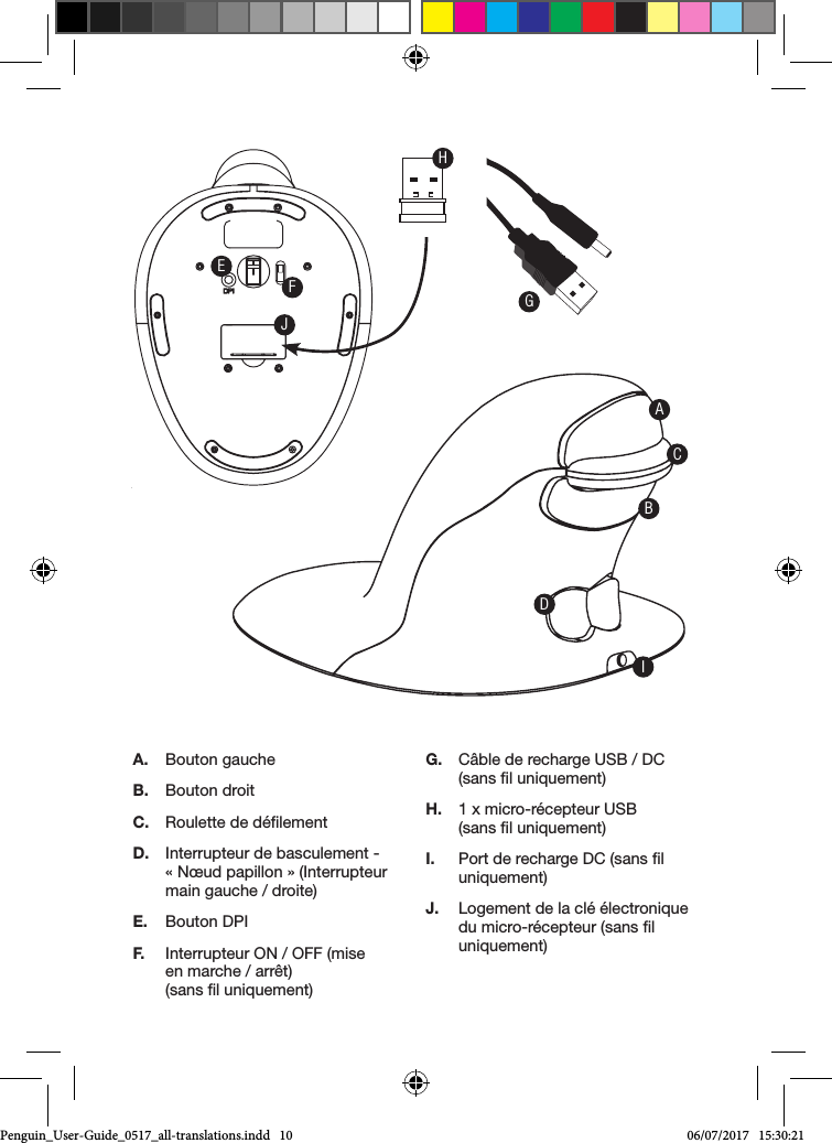 A.  Bouton gauche B.  Bouton droitC.  Roulette de d&eacute;lementD.  Interrupteur de basculement -  &laquo; N&oelig;ud papillon &raquo; (Interrupteur main gauche / droite)E.  Bouton DPIF.  Interrupteur ON / OFF (mise  en marche / arr&ecirc;t)  (sans l uniquement) G.  C&acirc;ble de recharge USB / DC (sans l uniquement)H.  1 x micro-r&eacute;cepteur USB  (sans l uniquement)I.  Port de recharge DC (sans l uniquement)J.  Logement de la cl&eacute; &eacute;lectronique du micro-r&eacute;cepteur (sans l uniquement)Front SideTop Bottom AngleBackEFJFront SideTop Bottom AngleBackACBIDHGPenguin_User-Guide_0517_all-translations.indd   10 06/07/2017   15:30:21