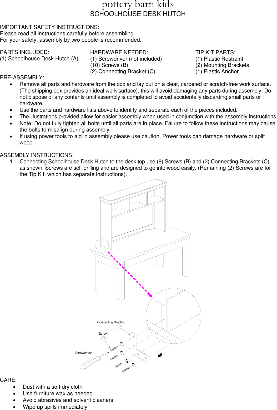 Pottery Barn Schoolhouse Desk Hutch 115kb These Instructions Are Provided For Your Safety