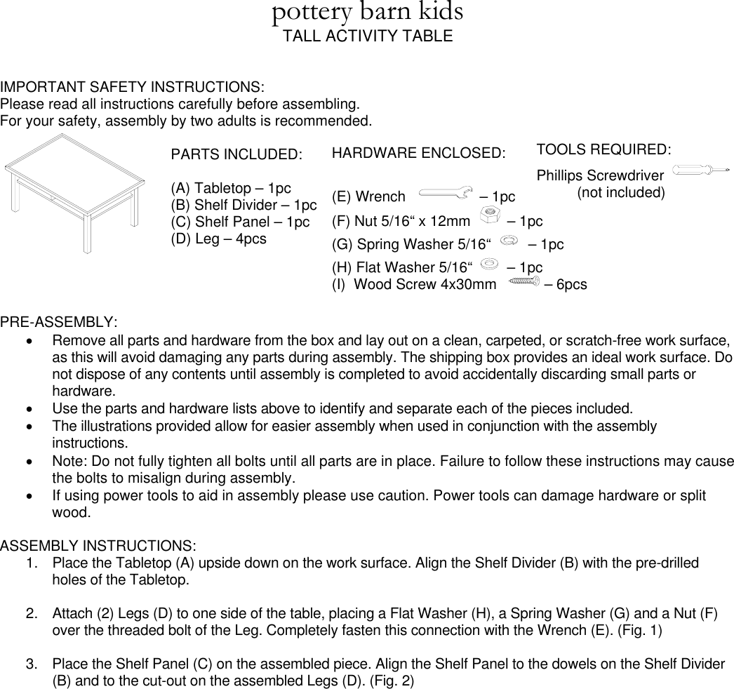 Pottery Barn Tall Activity Table 98Kb These Instructions Are Provided